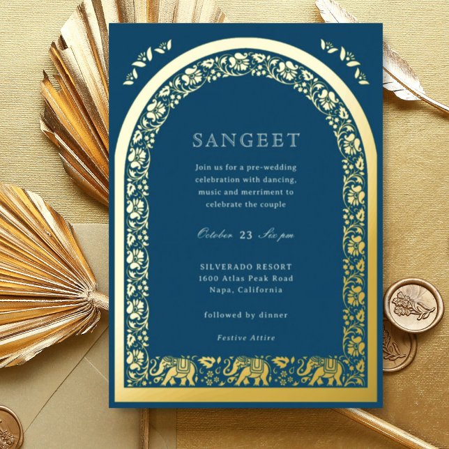 Elephant and Lotus Flower Indian Sangeet Gold (Blue Indian wedding Sangeet invitation, elephant and lotus flower, hindu wedding invitation card)
