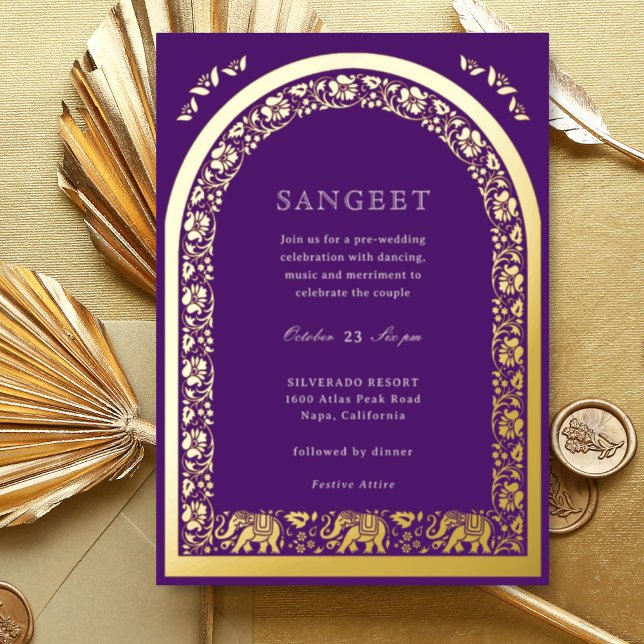 Elephant and Lotus Flower Indian Sangeet Gold (Purple Indian wedding Sangeet invitation, elephant and lotus flower, hindu wedding invitation card)