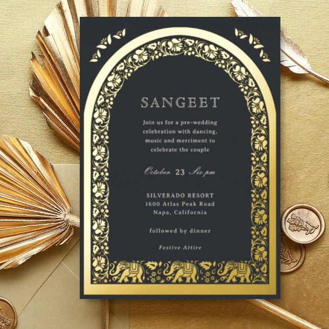 Elephant and Lotus Flower Indian Sangeet Gold (Black Indian wedding Sangeet invitation, elephant and lotus flower, hindu wedding invitation card)