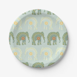 Elephant and Mandala in Light Green  Paper Plate