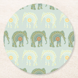 Elephant and Mandala in Light Green  Round Paper Coaster