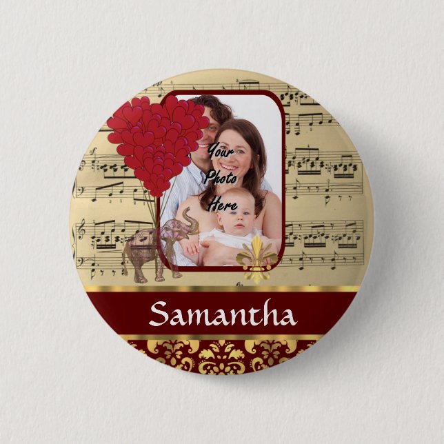 Elephant and music sheet 6 cm round badge (Front)