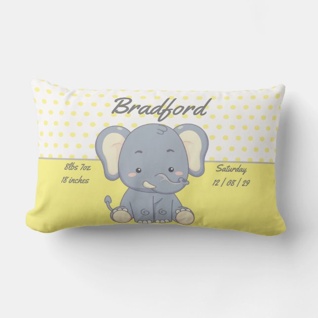 Elephant and Polka dots, Yellow and Grey  Lumbar Cushion (Front)