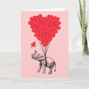 Elephant and red heart balloons holiday card