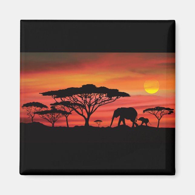 Elephant and Serengeti Orange Sunset Magnet (Front)