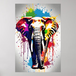Elephant Art, Wildlife Splatter Art Rainbow Colour Poster