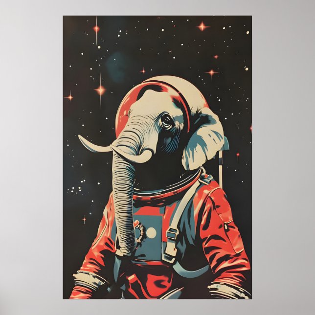 Elephant Astronaut Poster, Elephant Retro Print (Front)