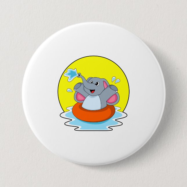 Elephant at Swimming with Lifebuoy 7.5 Cm Round Badge (Front)