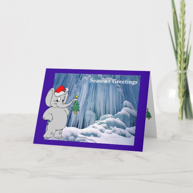Elephant at the frozen waterfall holiday card (Front)