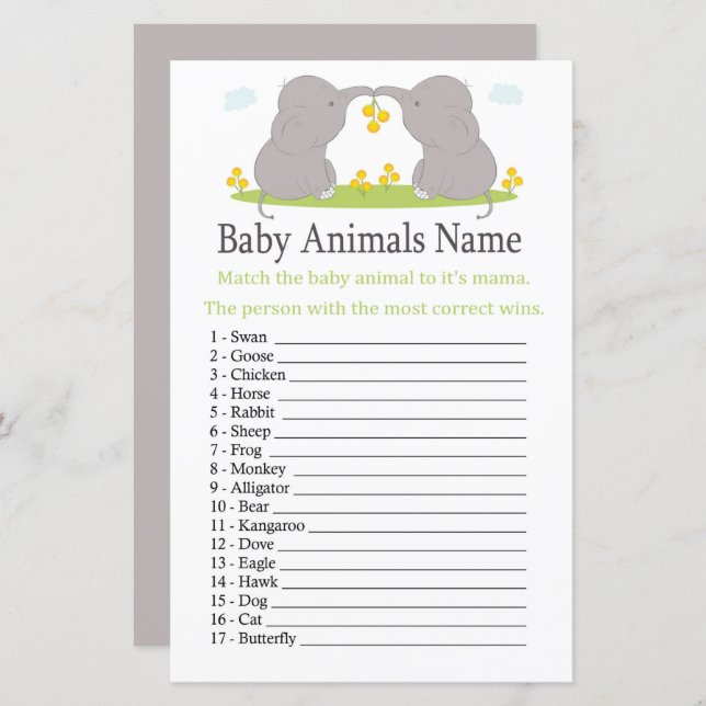 Elephant Baby Animals Name Game (Front/Back)