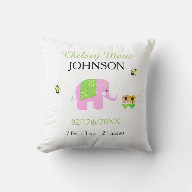 Elephant Baby Birth Announcement Cushion (Front)