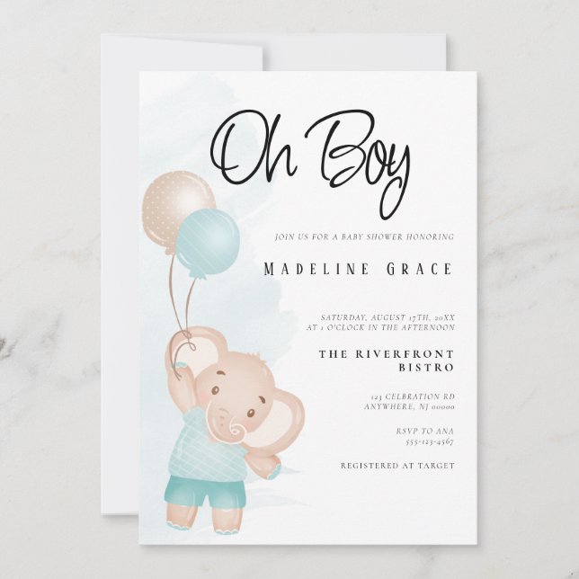 Elephant Baby Boy Baby Shower Invitation (Front)