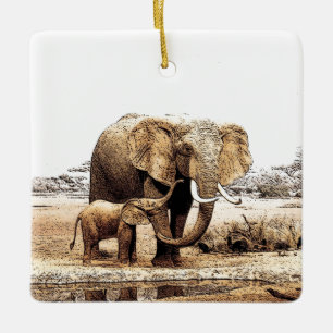 Elephant & Baby Elephant Ceramic Ornament