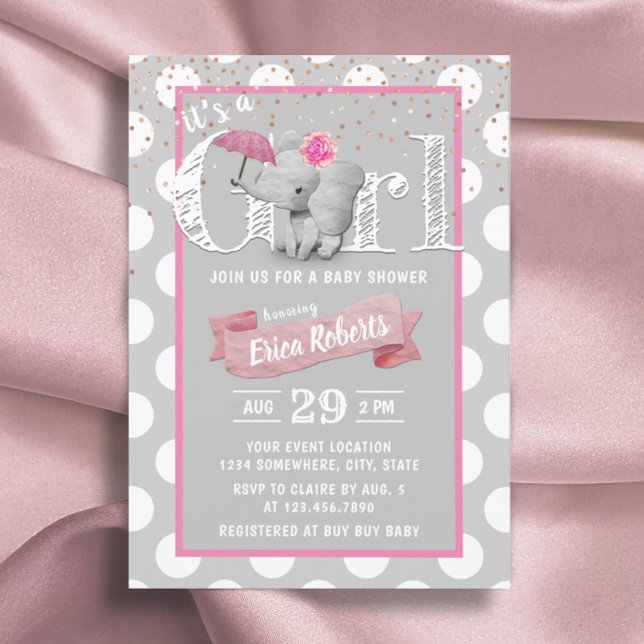 Elephant Baby Girl Cute Polka Dot Grey Baby Shower Invitation (Creator Uploaded)