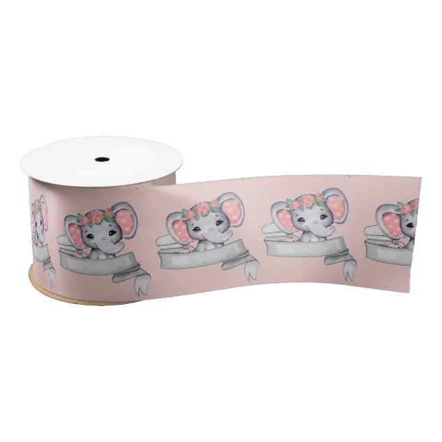 Elephant Baby Girl Pink and Grey Pattern Pink  Satin Ribbon (Spool)