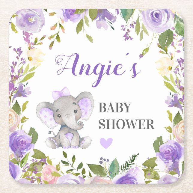Elephant Baby Girl Shower Lavender Floral Glass Square Paper Coaster (Front)