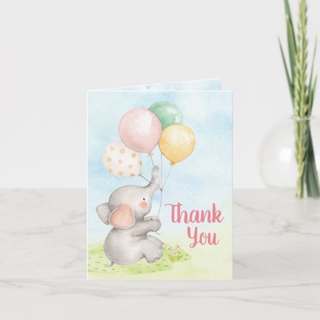 Elephant Baby Girl Shower Thank You Cards (Front)