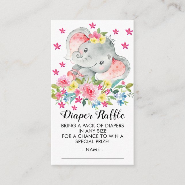 Elephant Baby Girls Shower Diaper Raffle Ticket Enclosure Card (Front)