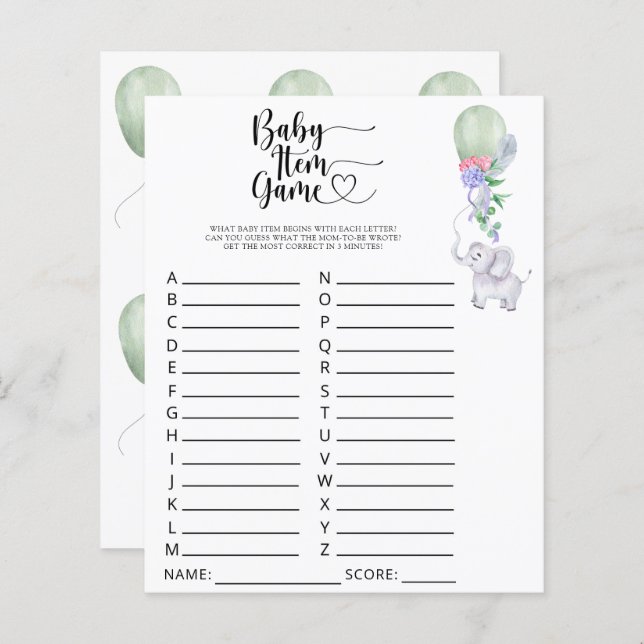 Elephant Baby Item Game. Baby Shower Game (Front/Back)