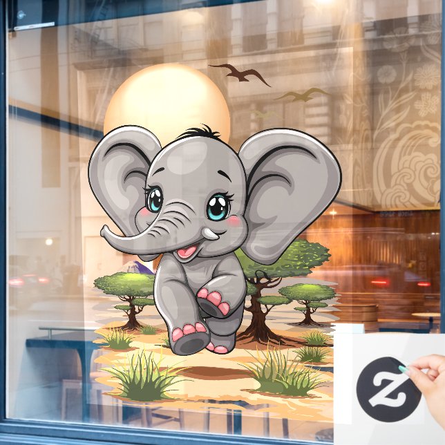 Elephant Baby Jumping Happy in African Savannah (Cafe Window)