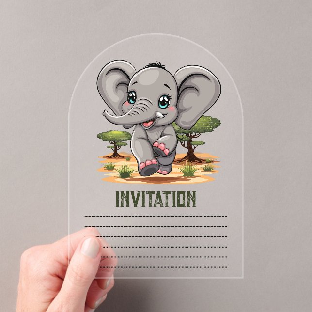 Elephant Baby Jumping Happy in African Savannah Acrylic Invitations (Insitu (Handheld))