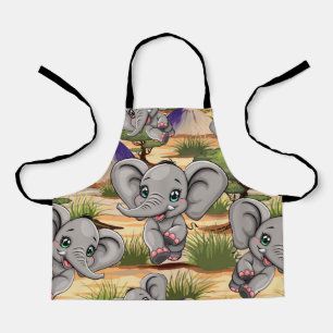 Elephant Baby Jumping Happy in African Savannah Apron