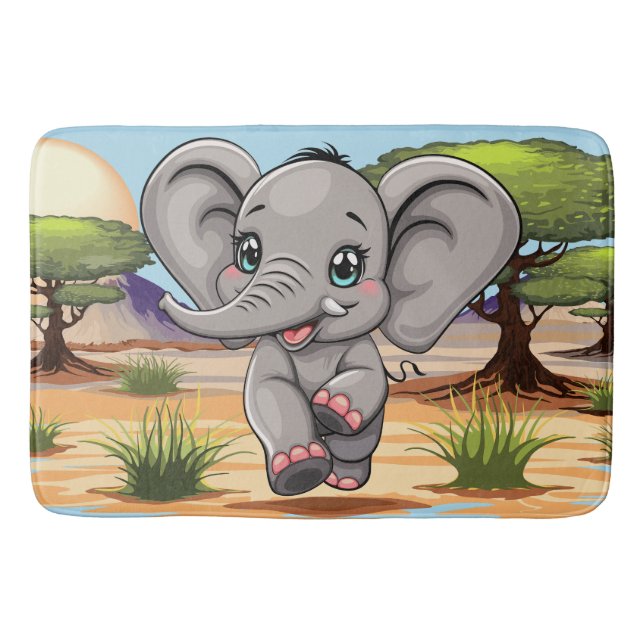 Elephant Baby Jumping Happy in African Savannah Bath Mat (Front)