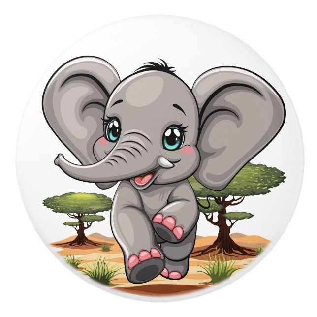 Elephant Baby Jumping Happy in African Savannah Ceramic Knob (Front)