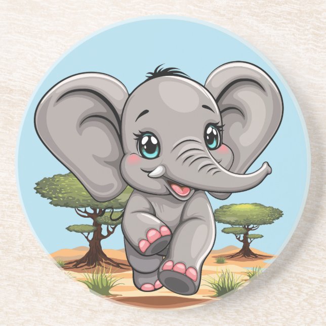 Elephant Baby Jumping Happy in African Savannah Coaster (Front)