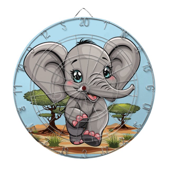 Elephant Baby Jumping Happy in African Savannah Dartboard (Front)