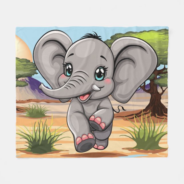 Elephant Baby Jumping Happy in African Savannah Fleece Blanket (Front (Horizontal))