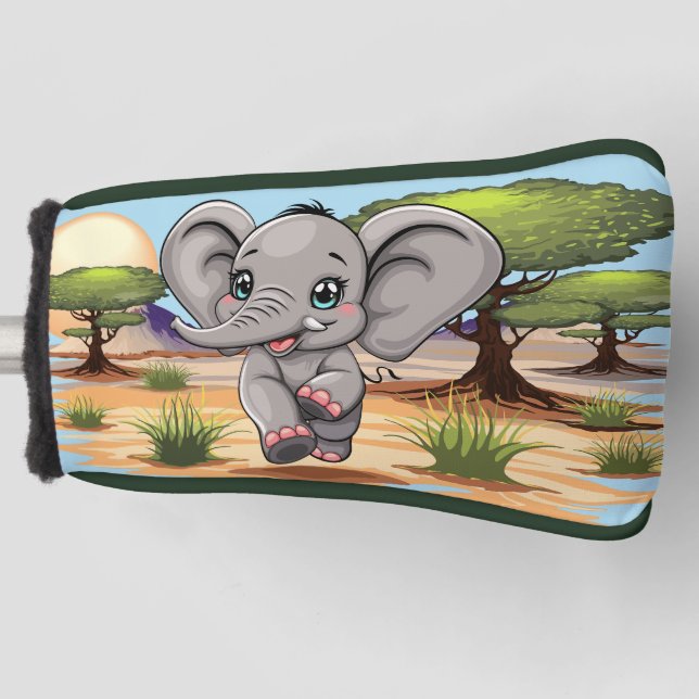 Elephant Baby Jumping Happy in African Savannah Golf Head Cover (Front)