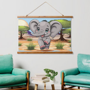 Elephant Baby Jumping Happy in African Savannah Hanging Tapestry