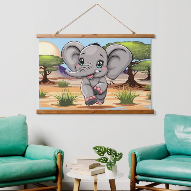 Elephant Baby Jumping Happy in African Savannah Hanging Tapestry (Living Room)