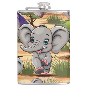 Elephant Baby Jumping Happy in African Savannah Hip Flask