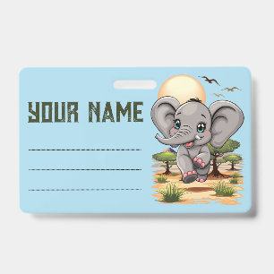 Elephant Baby Jumping Happy in African Savannah ID Badge