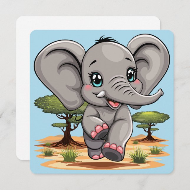 Elephant Baby Jumping Happy in African Savannah Invitation (Front/Back)