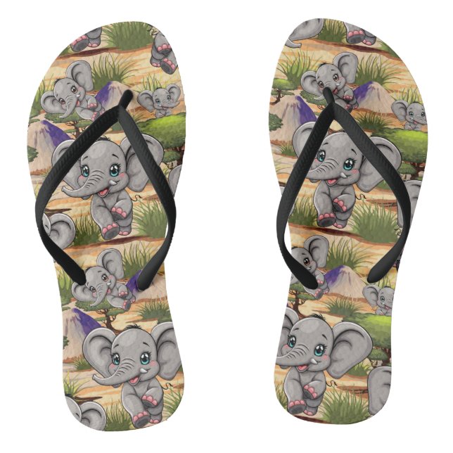 Elephant Baby Jumping Happy in African Savannah Jandals (Footbed)