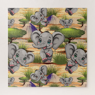 Elephant Baby Jumping Happy in African Savannah Jigsaw Puzzle