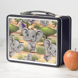 Elephant Baby Jumping Happy in African Savannah Metal Lunch Box