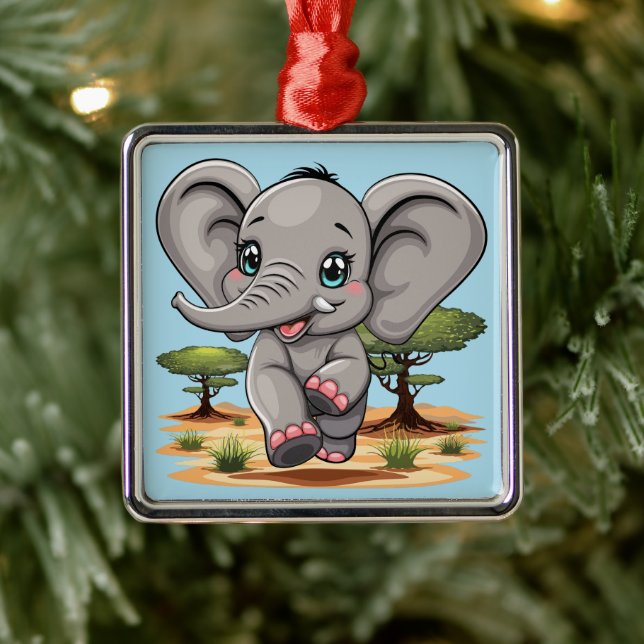 Elephant Baby Jumping Happy in African Savannah Metal Tree Decoration (Tree)