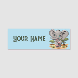 Elephant Baby Jumping Happy in African Savannah Name Tag