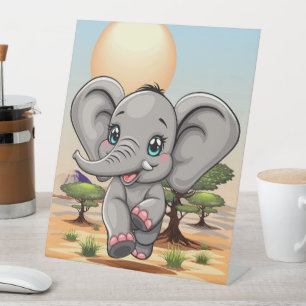 Elephant Baby Jumping Happy in African Savannah Pedestal Sign