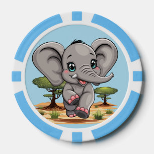 Elephant Baby Jumping Happy in African Savannah Poker Chips
