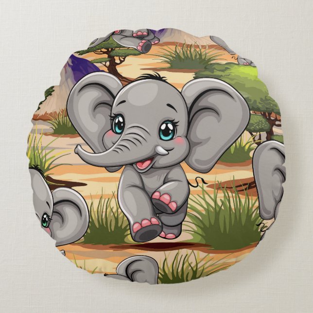 Elephant Baby Jumping Happy in African Savannah Round Cushion (Front)