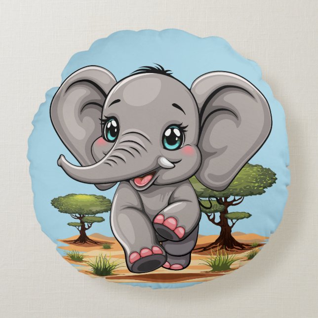 Elephant Baby Jumping Happy in African Savannah Round Cushion (Front)