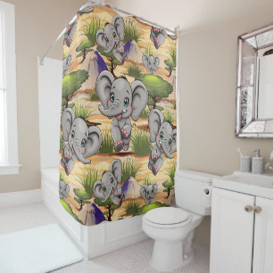 Elephant Baby Jumping Happy in African Savannah Shower Curtain