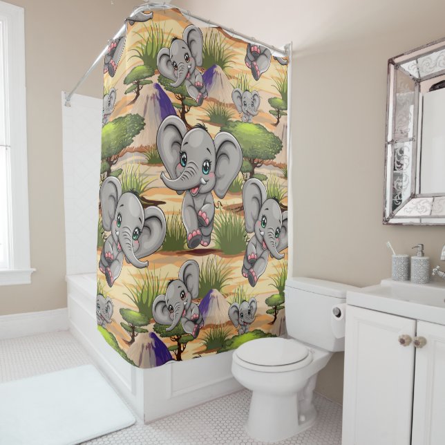 Elephant Baby Jumping Happy in African Savannah Shower Curtain (In Situ)