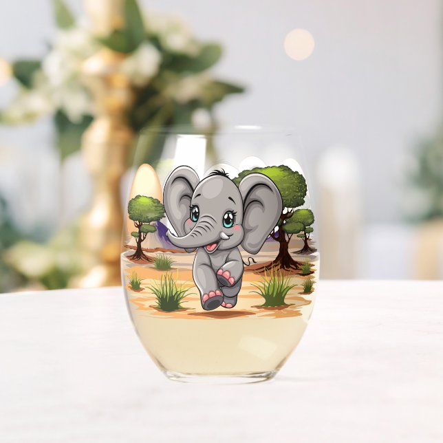 Elephant Baby Jumping Happy in African Savannah Stemless Wine Glass (Insitu (Wedding))