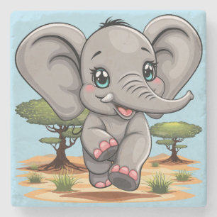 Elephant Baby Jumping Happy in African Savannah Stone Coaster
